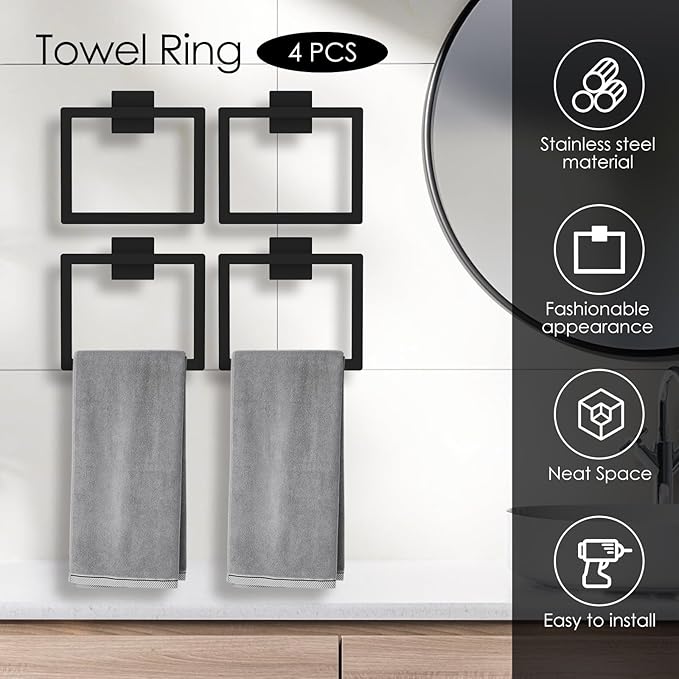 4Pcs Towel Holder Stainless Steel Towel Ring Square Hand Towel Holder Hanger Stylish Minimalist Towel Rack Ring Wall Mounted Towel Hanger for Home Bathroom