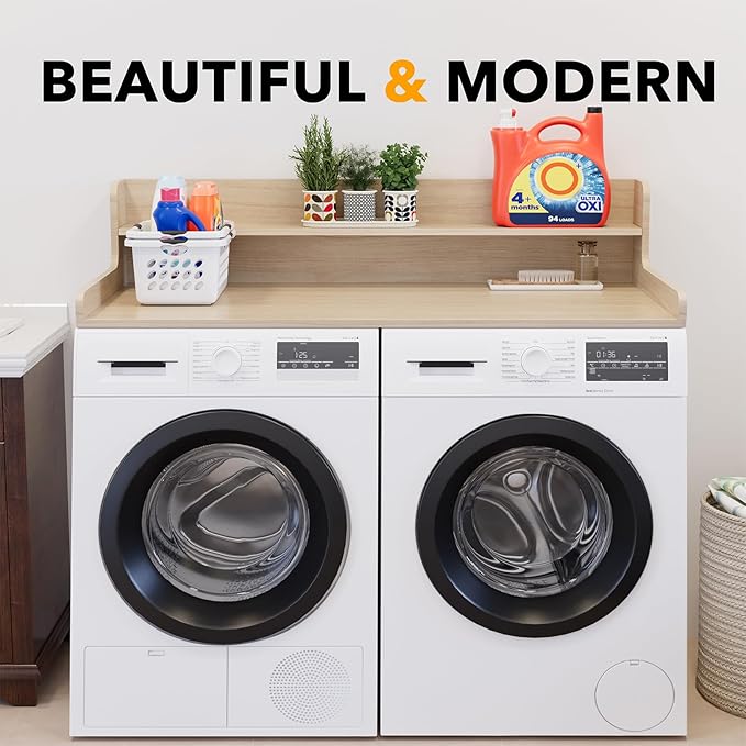 SpaceAid Washer Dryer Countertop with 2-Tier Shelf, Wood Topper with Edge, 54" Width x 27.5" Depth Cover Organizer Guard for Washer and Dryer Counter Laundry Hamper Storage (Oak)