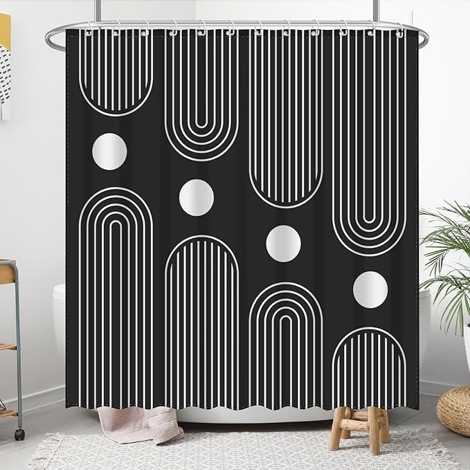 Boho Mid Century Shower Curtain Set, Modern Minimalist Arch Lines Sun Abstract Aesthetics Bathroom Decor, Waterproof Fabric Black Bohemian Bath Curtain with 12 Hooks 72x72 inches