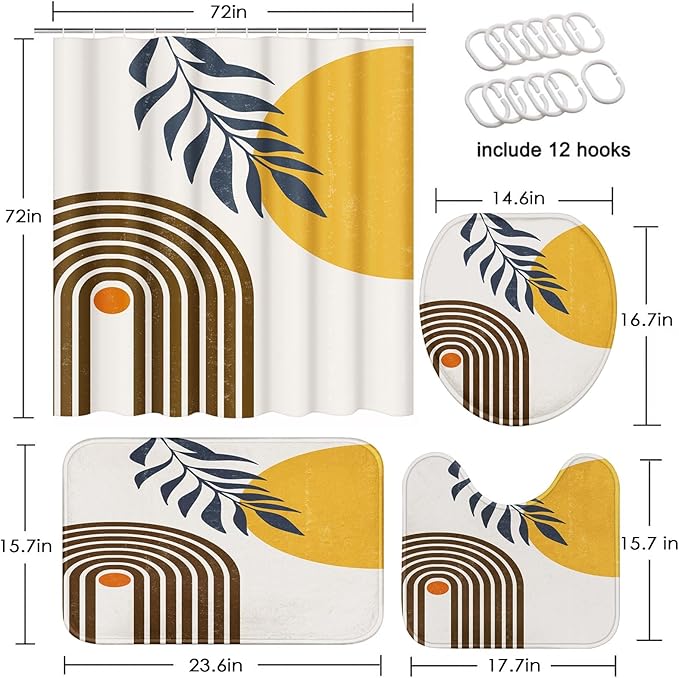 Boho Mid Century Shower Curtain Set with Toilet Lid Cover and Non-Slip Rugs, Modern Abstract 4 Pcs Yellow Sun Minimalist Shower Curtain for Bathroom Set with 12 Hooks