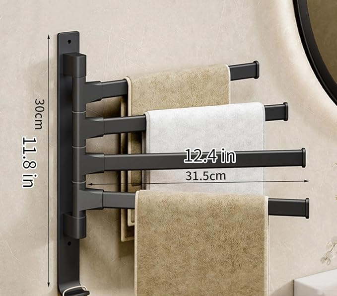 4 Arms Swivel Towel Rack Thicken Towel Holder with Hook Space Saving Towel Bar Wall Mount Swivel Towel Racks for Bathroom Kitchen-Black