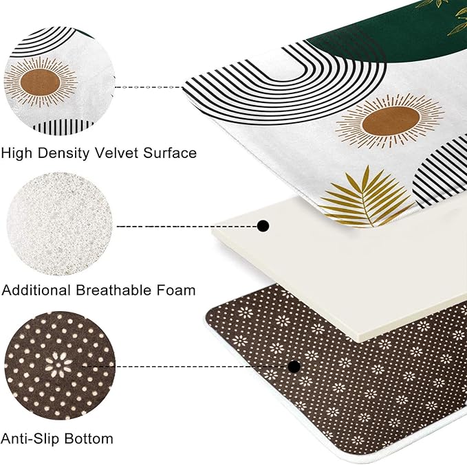 ArtSocket Mid Century Green Boho Bathroom Set with Shower Curtain and Bath Rugs and Accessories,Abstract Sun Arch Curve Leaves Geometric Non-Slip Shower Curtain Set,Bathroom Decor 3 Pcs