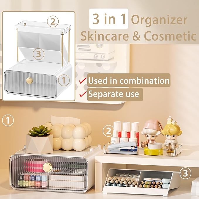 Makeup Organizer with Drawer for Vanity, 2 Tier 5 Zones Cosmetic Display Case Detachable, Cosmetic Storage Perfume Shelf for Bathroom Counter, Perfect Storage Solution for Your Beauty Essential(Clear)