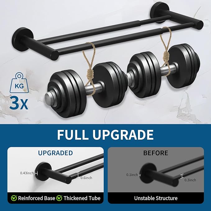 RUMOSE Adjustable Double Bath Towel Bar 15 to 27 Inch Matte Black Retractable Tower Holder Hanger Stainless Steel Expandable Dual Bathroom Tower Racks Bathroom Accessories, Wall Mounted