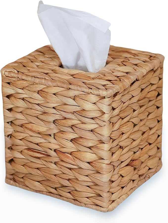 PINXIURY Water Hyacinth Handwoven Tissue Box Cover, Natural Handmade Wicker Napkin Box Holder, Handcrafted Square Facial Tissue, Rustic Decorative on Table and Bathroom, Office, Boho Decorative