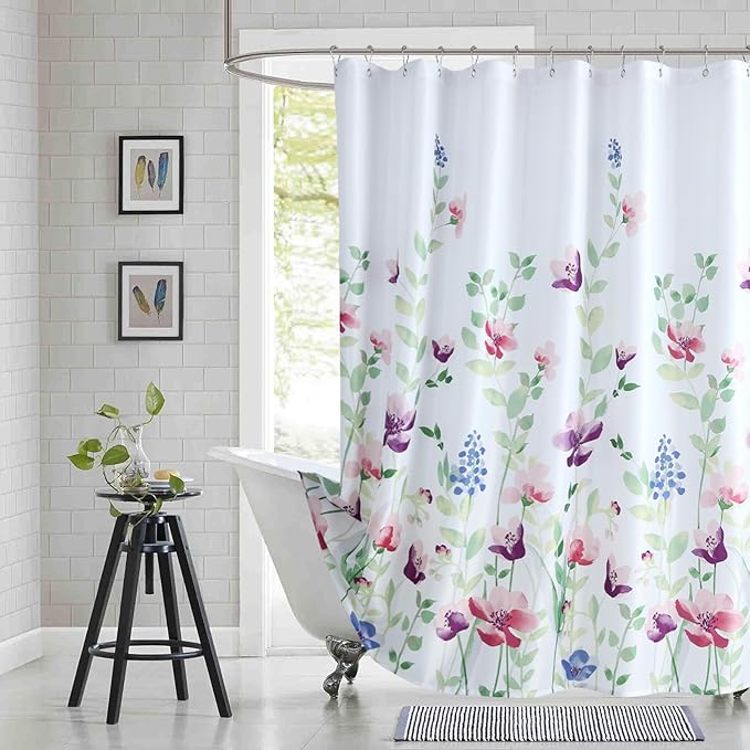 Long Fabric Floral Shower Curtain, Green Pink Purple Blue Watercolor Flower Shower Curtains for Bathroom, Waterproof Bathroom Curtains, 72" W x 78" H