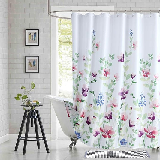 Extra Long Fabric Shower Curtain, Green and Pink Watercolor Floral Plant Shower Curtains for Bathroom, Purple and Blue Flower Bathroom Curtains, 72" W x 84" H