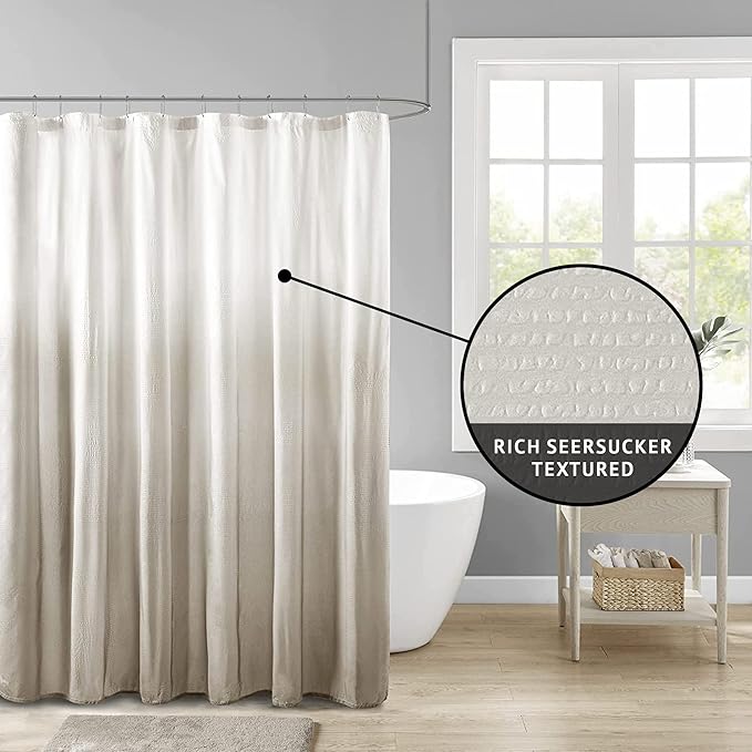Madison Park Ara Shower Curtain, Seersucker Design Ombre Print, Modern Bathroom Decor, Machine Washable, Fabric Privacy Screen, 72x72, Taupe