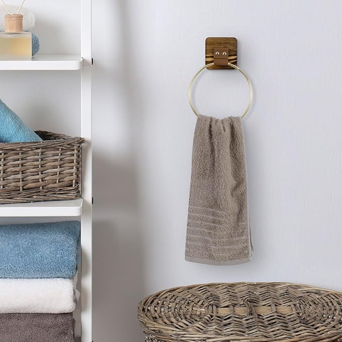 MyGift Brass Tone Hand Towel Ring, Hanging Bathroom Washcloth Towel Holder Rack, Metal with Brown Leatherette Strap and Burnt Wood Wall Mounted