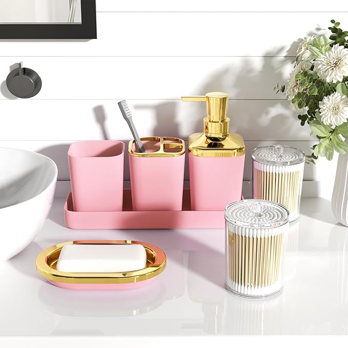 XLHOMO Bathroom Accessories Set - Luxury Pink Bathroom Set, 9 Pieces Bathroom Accessory Set, Pink Bathroom Accessories with Trash Can, Toilet Brush & Soap Dispenser