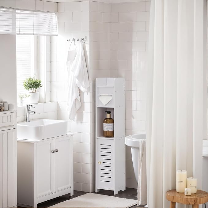 VECELO Storage Cabinet for Small Spaces,Skinny Toilet Paper Holder Stand with Anti-Drop Fence and Roller Storage, White