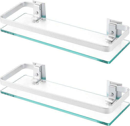 KES Glass Shelves for Bathroom, Floating Tempered Glass Shelves 14 Inch Aluminum Extra Thick 2 Pack Rectangular Storage Organizer Wall Mount Silver, A4126A-P2