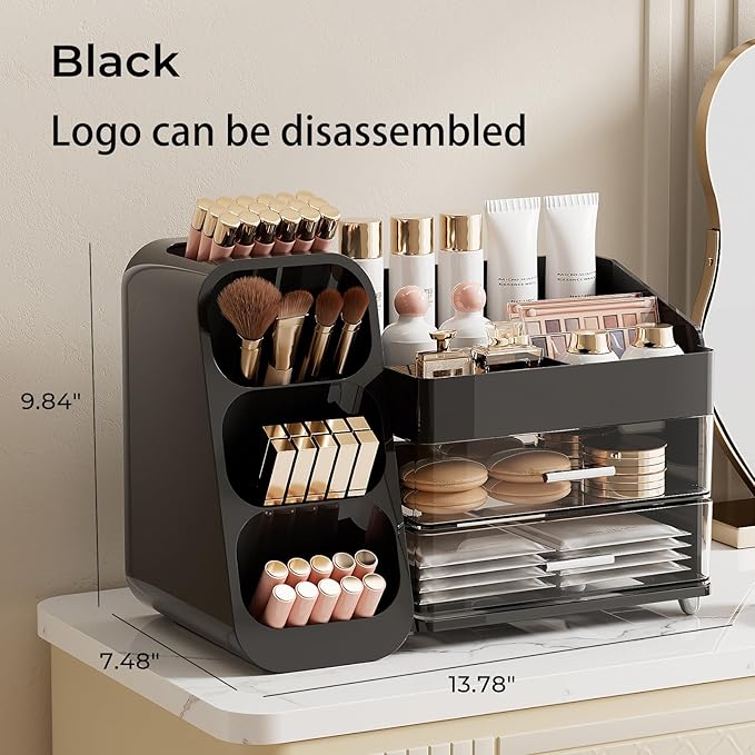 Makeup Organizer for Vanity with Brush Holder, Countertop Skincare Organizer with 2 Drawers, Spacious Cosmetic Display Case for Perfumes, Cologne, Shaving Lotion