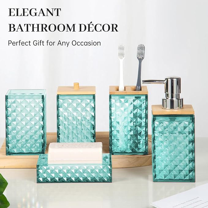 Bathroom Accessory Set, Grid Pattern 5 Pcs Plastic Bathroom Set Include Qtip Holder Dispenser, Soap Dispenser, Soap Dish, Toothbrush Holder, Mousewash Cup, Modern Bathroom Décor Set(Teal)