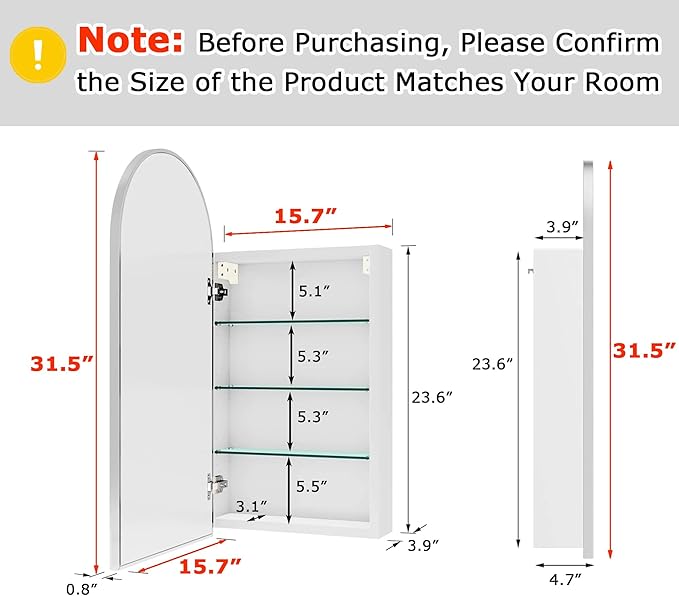 FKWin Arched Sliver Bathroom Medicine Cabinet with Mirror, Left or Right Opening, Bathroom Vanity Mirrors with Storage, Surface Mount Medicine Cabinet not Recessed, Silver, 15.7x31.5 inch