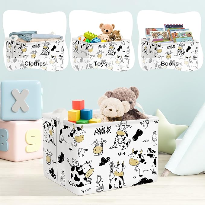 Clastyle Cute Cow Baby Storage Basket for Kids Room Nursery Collapsible Rectangle Clothes Toy Bin Book Shelf Basket