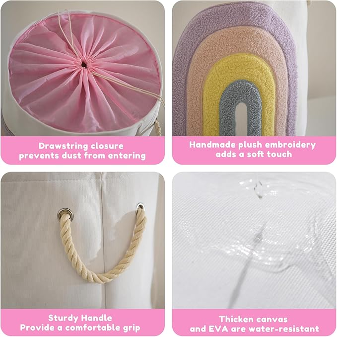 INough Pink Baby Hamper, XL Canvas 58L Laundry Basket with Drawstring Closure, Boho Rainbow Decor