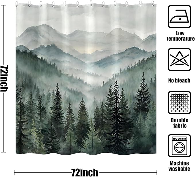 Accnicc Forest Mountain Shower Curtain Dark Green Nature Misty Pine Tree Shower Curtains for Bathroom Foggy Rustic Woodland Decorative Waterproof Fabric Bath Curtain Decor 72×72 Inches