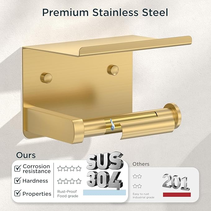 FORIOUS Bathroom Hardware Accessories Set, SUS304 Stainless Steel 24 Inch Towel Bar Set Wall Mounted, Modern Toilet Paper Holder with Shelf for Bathroom, 5 Pieces, Brushed Gold