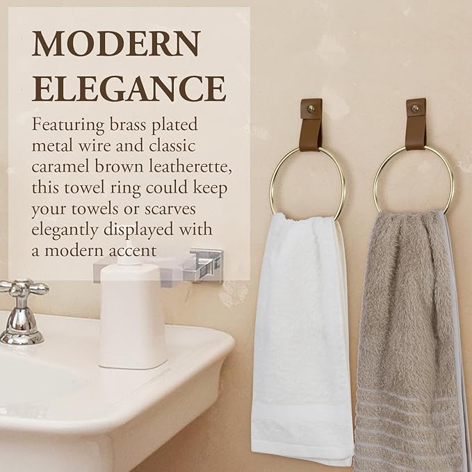 MyGift 2 Pcs Towel Ring Holder, Hand Towel Rack Wall Mounted for Bathroom, Entryway, Kitchen, Bedroom, Modern Brass Tone Metal with Caramel Brown Leatherette Strap