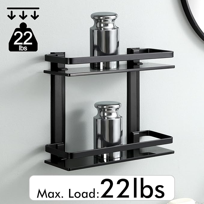 KES 2 Tier Bathroom Glass Shelves, Black Extra Thick Tempered Glass Rectangular, Aluminum Double Shelves Wall Mounted, BGS4126B-BK