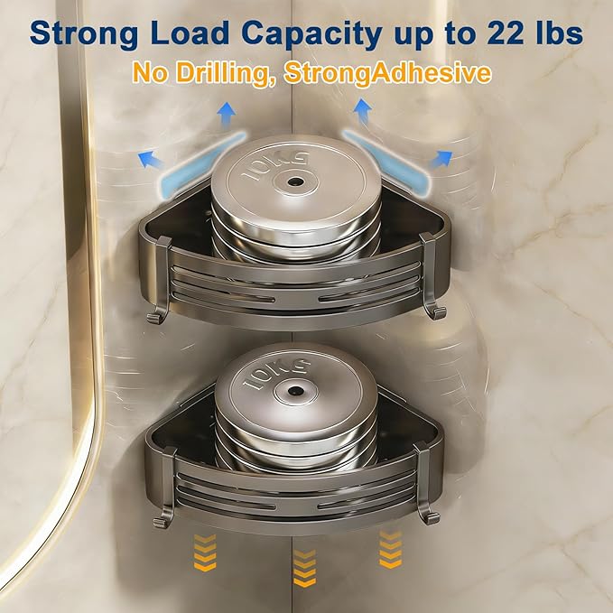 Corner Shower Caddy, Adhesive Shower Corner Organizer Shelves with Hooks,No Drilling Shower Shelves for Bathroom Kitchen 2 Pack