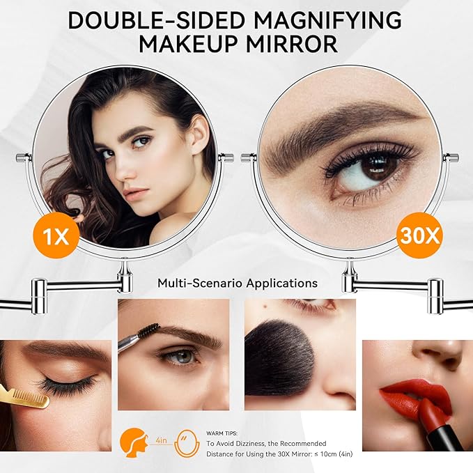 Auxmir 1X/30X Wall Mounted Makeup Mirror, 8'' Double Sided Magnifying Mirror with Tweezers, Bathroom Makeup Mirror, Cosmetic Vanity Mirror with 360 Rotation Extendable Swivel Arm, Chrome