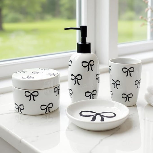Pink Bathroom Set, 4 Pcs Ceramic Bathroom Accessory Sets - Soap Dispenser, Tumbler Toothbrush Holder, Vanity Soap Tray, Cotton Swab Jars - Pink Bathroom Decor Gift for Her (Black)