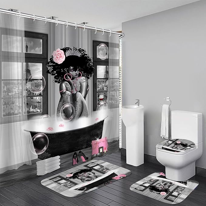 4Pcs African American Shower Curtain Sets with Rugs, Black Girl Shower Curtain for Bathroom Decor Sets with Paris Eiffel Tower Art Pattern, Grey Waterproof juego de baño, with 12 PCS Hooks
