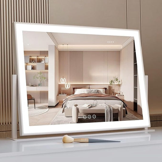 Acoolda Vanity Mirror with Lights, Large Makeup Mirror with Lights, LED Lighted Makeup Mirror with 3 Color Light Modes, Smart Touch Tabletop Mirror for Makeup Desk 360° Rotation 22.8" x 18" White