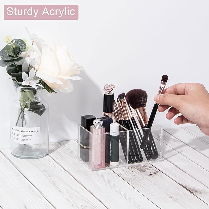 Acrylic Makeup Organizer and Storage, Makeup Brush Holder Organizer 2 Cube Sections, Clear Makeup Cosmetic Lipstick Bin Organizer for Drawer, 5.1'' ?? 2.6'' ?? 2.4''