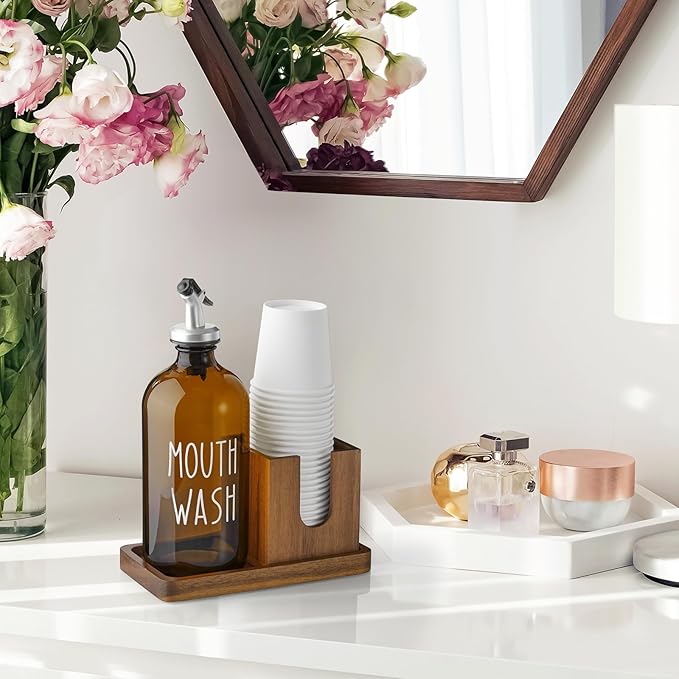 Amber Glass Mouthwash Dispenser for Bathroom, 16 OZ Mouthwash Dispenser with Pour Spout and Acacia Wood Cup Holder and Tray, Mouth Wash Bottle Container for Kitchen Bathroom Decor and Accessories