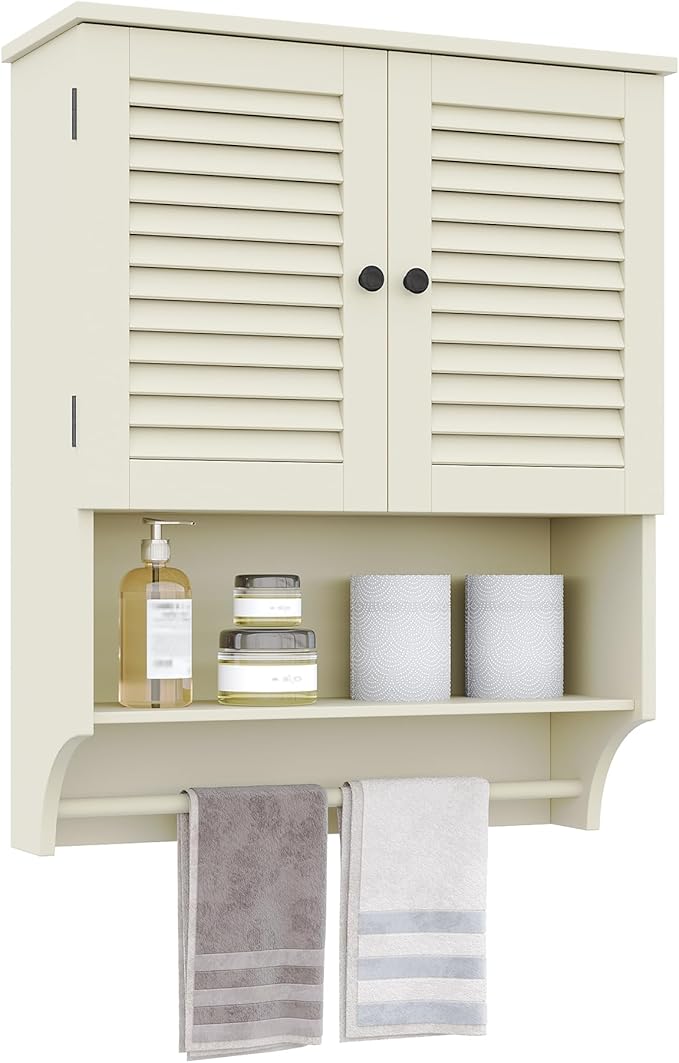 ChooChoo Bathroom Wall Cabinet with Towels Bar, 23.6" L x 8.8" W x 29.5" H MDF Material Medicine Cabinet, 2 Doors Over The Toilet Space Saver Storage Cabinet with Large Space, Cream Yellow