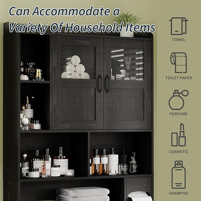 Farmhouse Style Over Toilet Storage Cabinet, 67" Tall Bathroom Organizer Unit with Sliding Barn Doors & Open Shelving for Bathroom, Neutral Wood Grain Finish