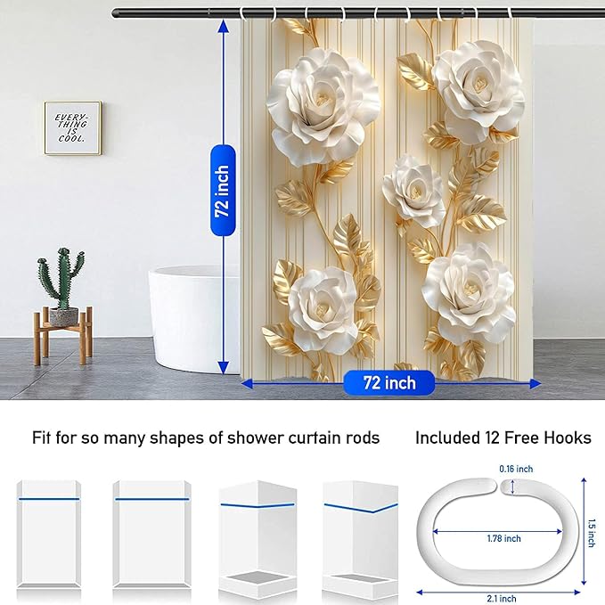 NBVKO 4Pcs Luxury White Rose Shower Curtain Set with 12 Hooks Non-Slip Rugs,Toilet Lid Cover and Bath Mat,Gold Bathroom Decor for Hotel & Home Bathroom