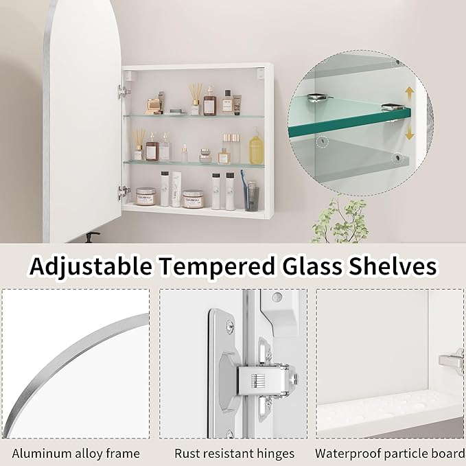 FKWin 20 x 32 Inch Arched Bathroom Medicine Cabinet with Mirror, Silver Surface Mount Wall Bathroom Cabinet, Vanity Mirror with Storage,Bathroom Medicine Cabinet with Adjustable Glass Shelf