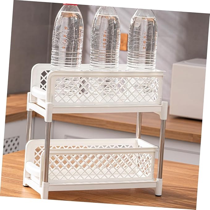 VOSAREA Double Layer Under Sink Organizer White Bathroom Shelf Adjustable Storage Trays Multi-Function Kitchen and Bathroom Organizer for Countertop Supplies
