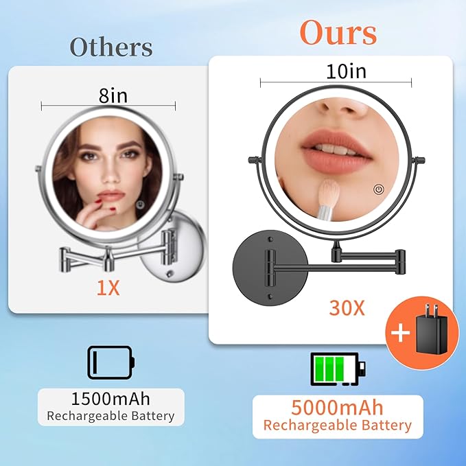 FUNTOUCH 5000mAh Rechargeable Wall Mounted Makeup Mirror with Lights, 8.7" Double Sided 1X/30X Magnifying Mirror with Dimmable 3 Color Light, Extended Swing Arm 360° Wall Mount Bathroom Mirror, Black