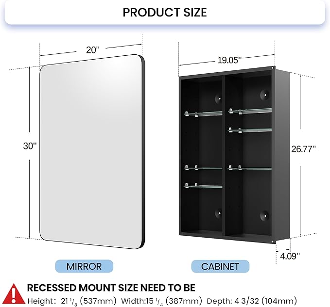 Tall Black Medicine Cabinet 20x30 Inch, Bathroom Wall Mirror Cabinet with Storage, 6-Tier Adjustable Glass Shelving, Waterproof Aluminum Frame, Quiet Soft Close, Modern Vanity Decor