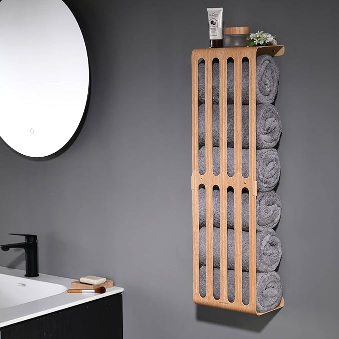simpletome Towel Storage Rack Adjustable Height Wall Mount Bathroom Shelf Organizer Carbon Steel (Beech)