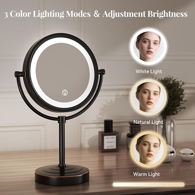GURUN 8.5 Inch Rechargeable Tabletop LED Lighted Makeup Mirror with 10x Magnification 4500mAh Battery Double Sided Vanity Mirror Oil-Rubbed Bronze M2208DO(8.5in,10x)