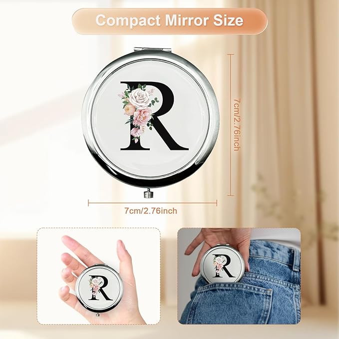 JEKUGOT Monogram Compact Mirror, Personalized Gifts for Women and Girls, Small Pocket Mirror, Personalized Compact Mirrors for Girls, Sister, Wife, Mothers, Birthday Gifts - R