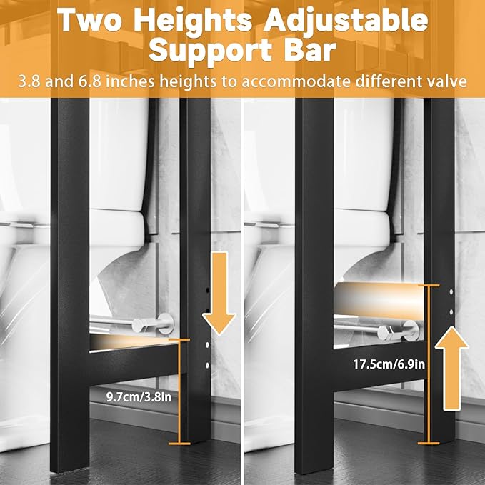 Over The Toilet Storage Shelf, 3 Tiers Space Saver Bathroom Organizer Shelves with Toilet Paper Holder and Hooks, Freestanding Toilet Rack for Washroom Balcony, Black