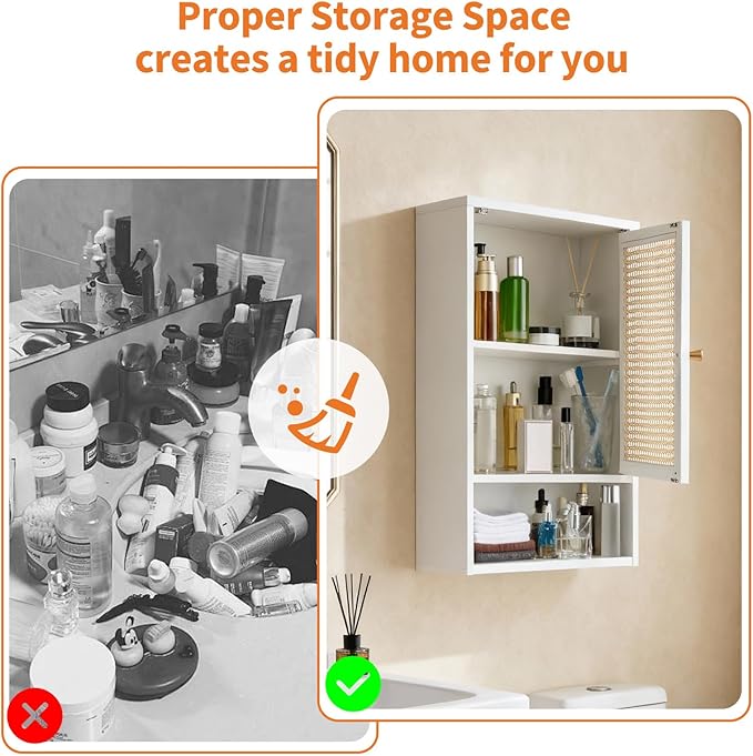 Bathroom Wall Cabinet, Bamboo Medicine Cabinet with Rattan Doors, Adjustable Shelf, Wall Mounted Storage Cabinet for Bathroom, Kitchen, Laundry Room White
