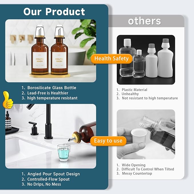 2PCS Amber Glass Mouthwash Dispenser for Bathroom Countertop – 14oz/410ml Refillable Mouthwash Bottle with Stainless Steel Pour Spout & Bamboo Tray, Modern Decor for Office, Airbnb, Gym (Amber)