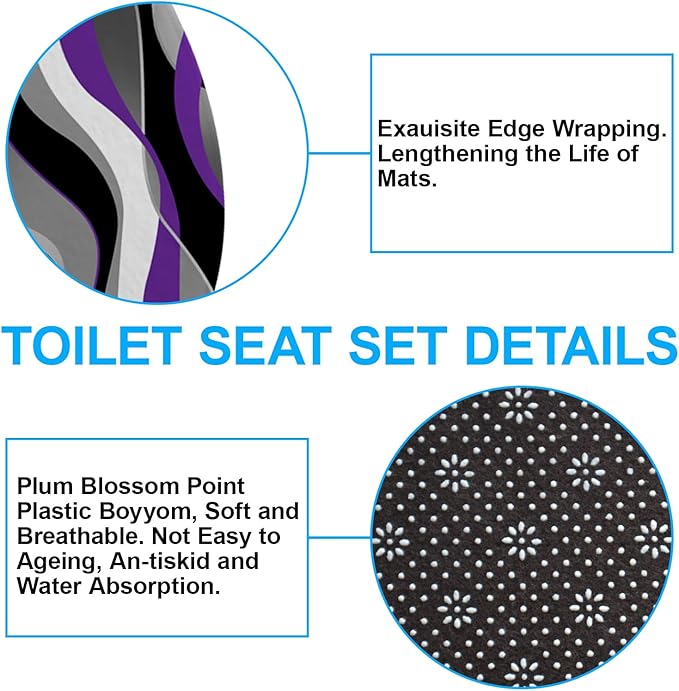 beifivcl 4Pcs Purple Shower Curtain Sets with Non-Slip Rugs, Toilet Lid Cover and Bath Mat, Black and Gray Bathroom Decor Set Accessories Fabric Waterproof Shower Curtains with 12 Hooks, 72 x 72 Inch