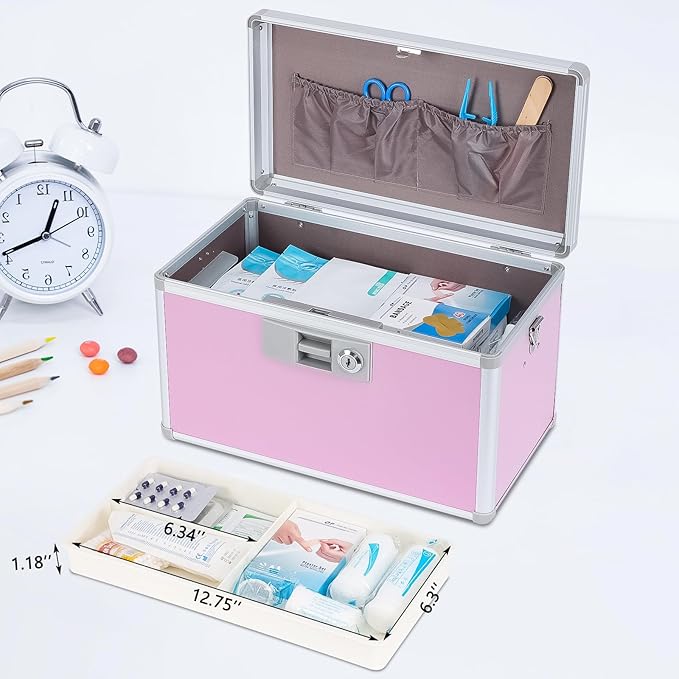 xydstay 14" Medicine Lock Box, First Aid Safe Medication Storage Box,Aluminum Daily Medicine Cabinet,Key Medication Locking Storage Box for Family Use,14" x 7.9" x 8.7", Pink