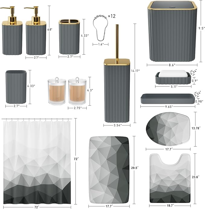 XLHOMO Bathroom Accessory Set - 26PC Bathroom Shower Curtain and Rug Set, Bathroom Accessories Set, Grey Bathroom Set with Trash Can, Toilet Brush, Qtip Holder & Soap Dispenser