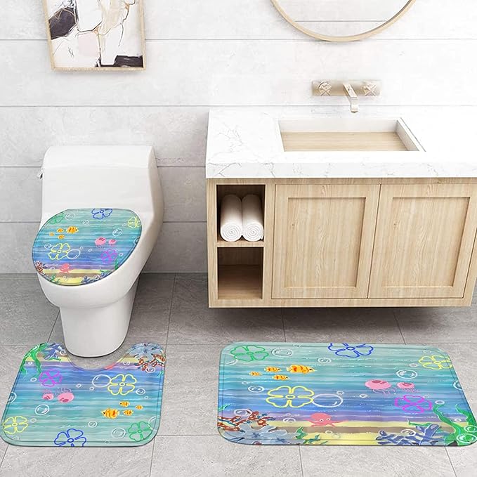 Yizheer 4Pcs Cute Beach Ocean Shower Curtain Sets, Cartoon Ocean Theme Bathroom Curtain with Rugs, Toilet Lid Cover and Bath Mat