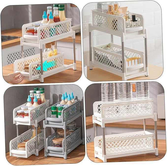 VOSAREA Double Layer Under Sink Organizer White Bathroom Shelf Adjustable Storage Trays Multi-Function Kitchen and Bathroom Organizer for Countertop Supplies